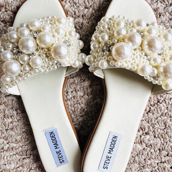 Steve Madden Knicky Pearl Ivory Rhinestone Slide Sandals Size 8 - Picture 6 of 8